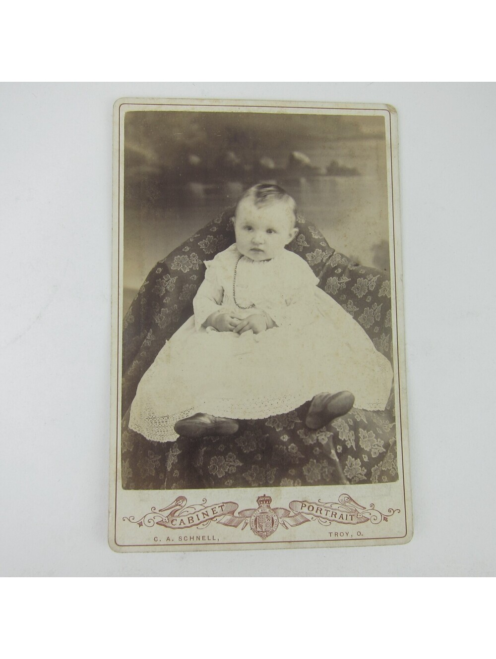 Cabinet Card Photograph Baby Girl Necklace C.A. Schnell Troy Ohio Antique 1880s